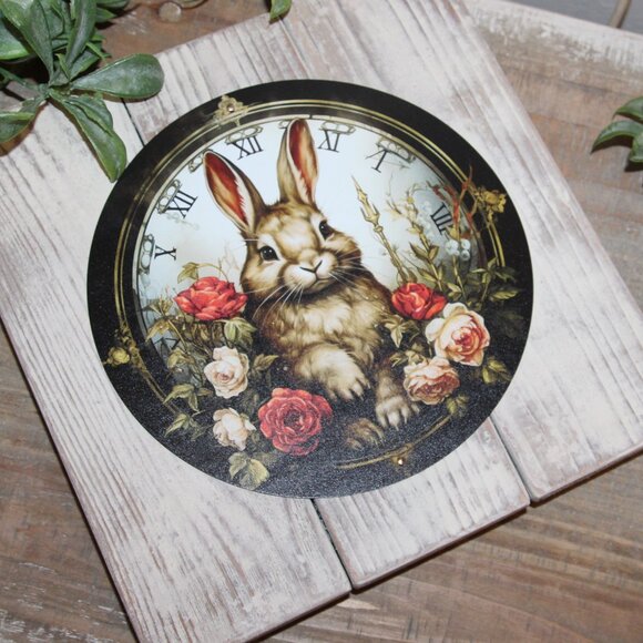 NEW! Shabby French Country Cottage Bunny Rabbit & Roses Wall Decor Plaque - Picture 2 of 4
